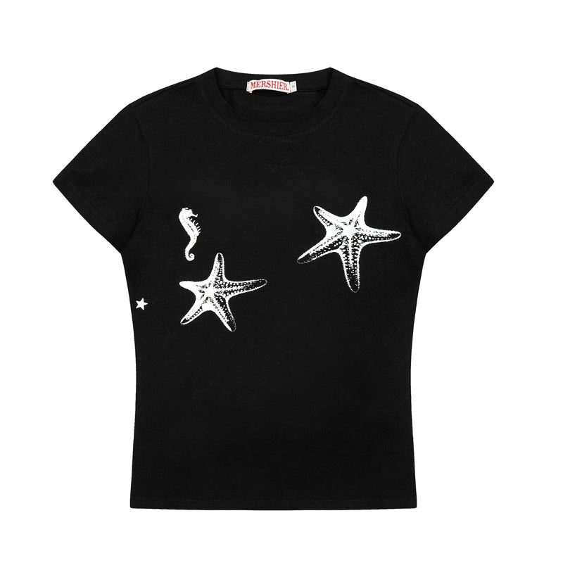 Black T-Shirt with Starfish Print