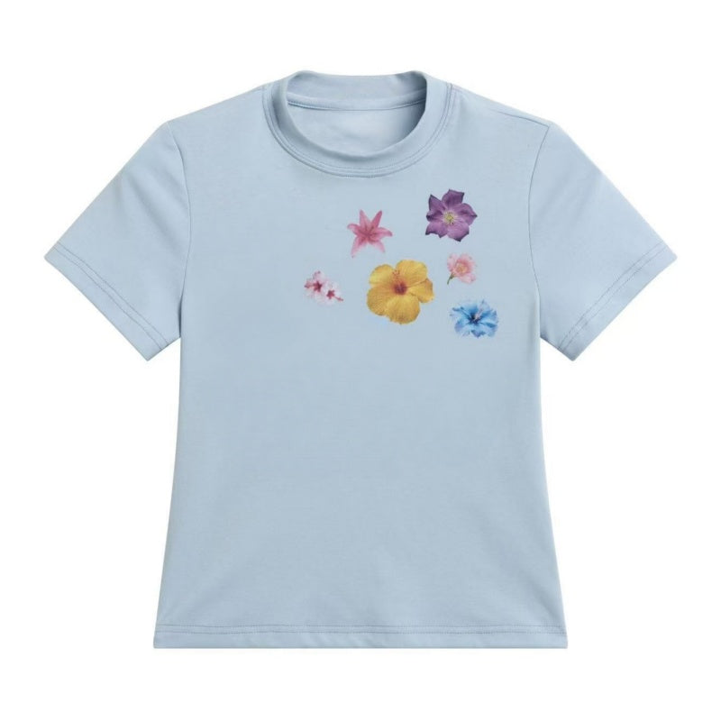 Blue T-Shirt with Fun Chic Floral Print
